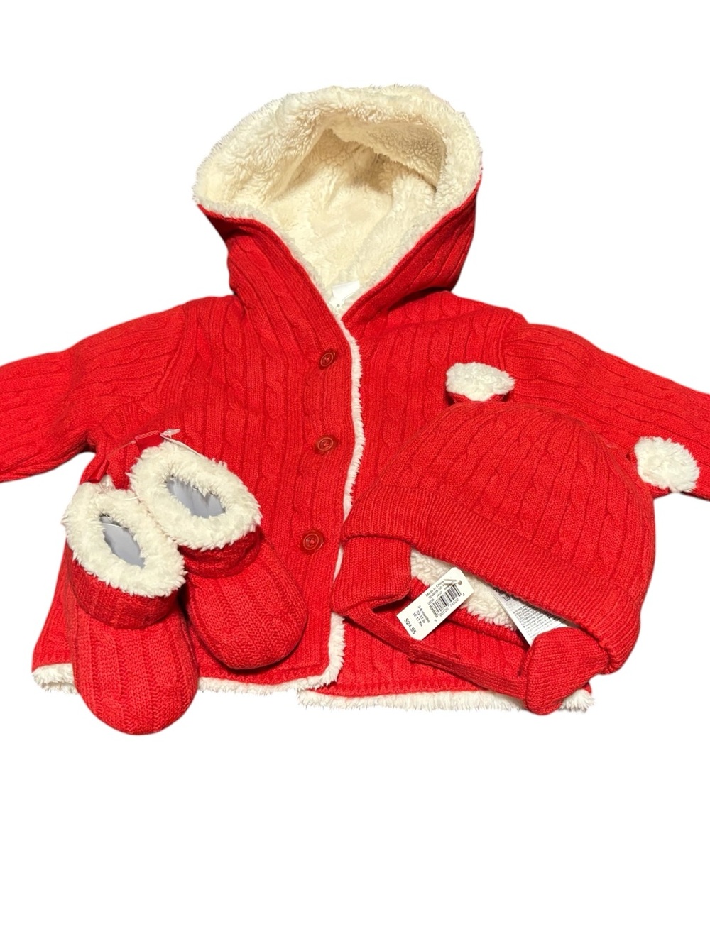 Baby Gap NWT 0-3M red sweater jacket, booties and cap set